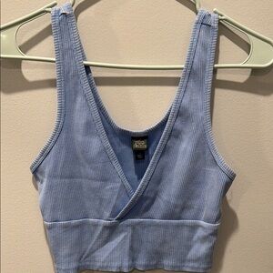 Blue Ribbed V-Neck Crop Top